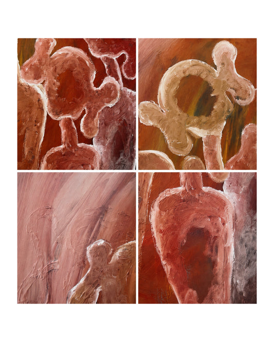 Detail and studio view of "Family Matters" original painting by Jolle, 120x129cm acrylic on canvas, showing warm earthy tones and abstract figurative forms up close.