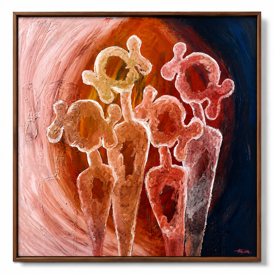 A framed abstract painting featuring three stylized human-like figures in warm peach, orange, and red tones against a swirling pink, brown, and dark blue background, enclosed in a dark brown wooden frame.