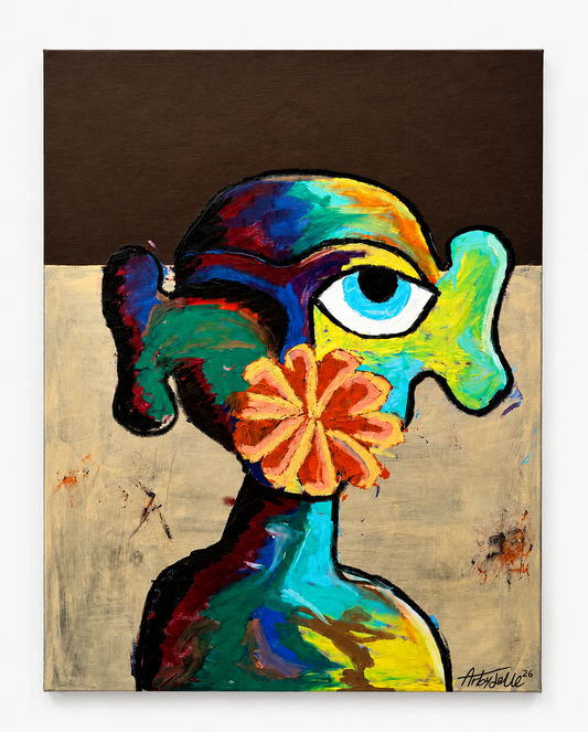 An abstract figurative painting of a stylized human head and neck with a flower over the mouth, rendered in bold multicolored brushstrokes on a beige and dark brown background.
