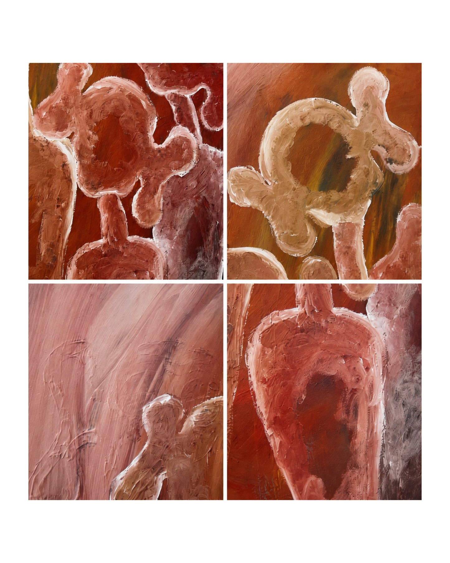 Detail and studio view of "Family Matters" original painting by Jolle, 120x129cm acrylic on canvas, showing warm earthy tones and abstract figurative forms up close.